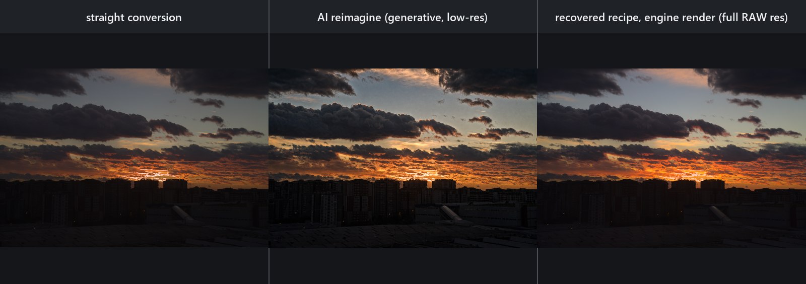 Sunset scene: neutral conversion, AI-generated target, and reverse-fitted full-resolution engine render
