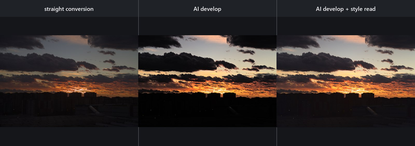 Sunset scene: straight conversion, AI develop, and AI develop with style read