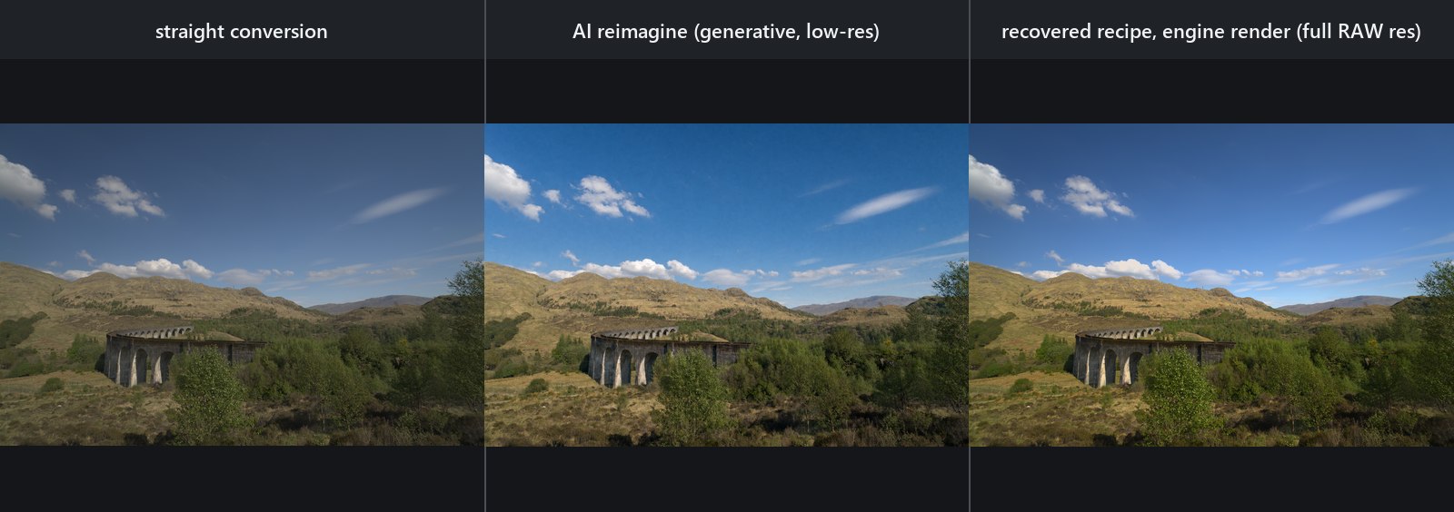 Stone viaduct scene: neutral conversion, AI-generated target, and reverse-fitted full-resolution engine render
